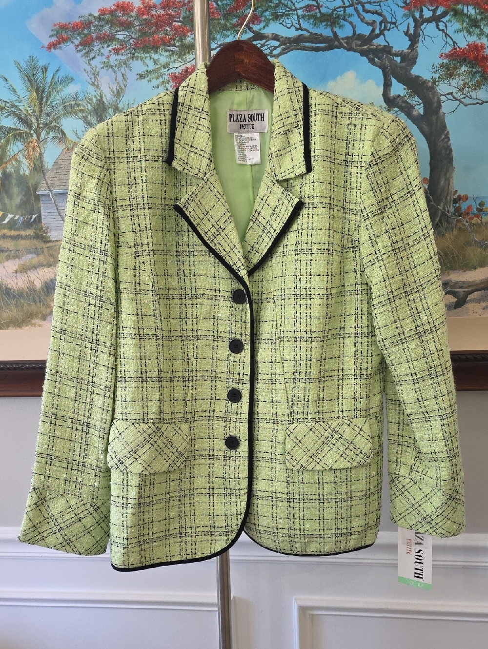 Plaza South Petite Lime Green Tweed Blazer with Black Trim
